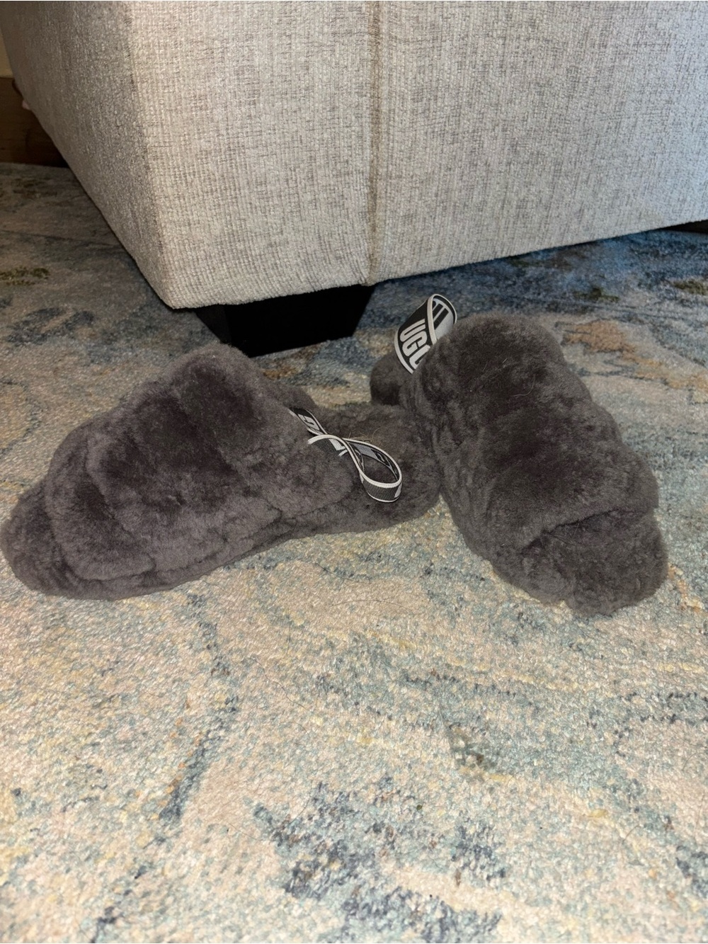 UGG Gray Faux-Shearling Slide with Branded Strap